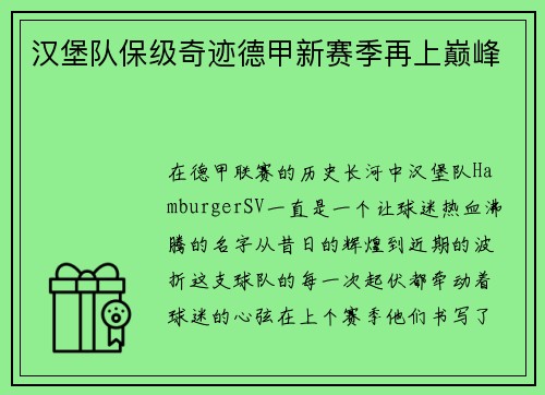 汉堡队保级奇迹德甲新赛季再上巅峰