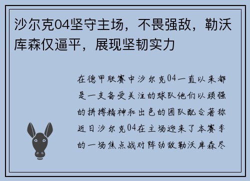 沙尔克04坚守主场，不畏强敌，勒沃库森仅逼平，展现坚韧实力